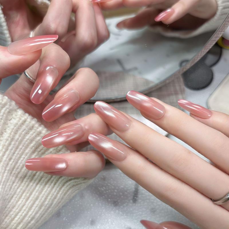 Girl's Nude Pink Glitter Gradient Beads Cat Eye Press-On Nails - Skin Brightening, Detachable