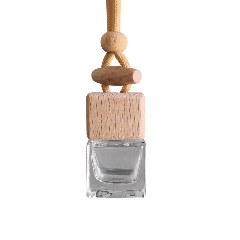 Square Glass Car Perfume Pendant Bottle with Beechwood Lid