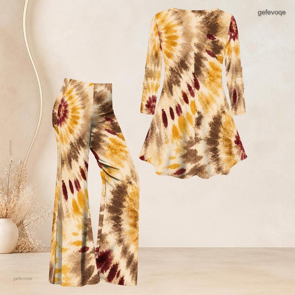 Women Plus Size Printed Round Neck Three Quarter Sleeve Flared Top And Flared Pants Two Piece Set