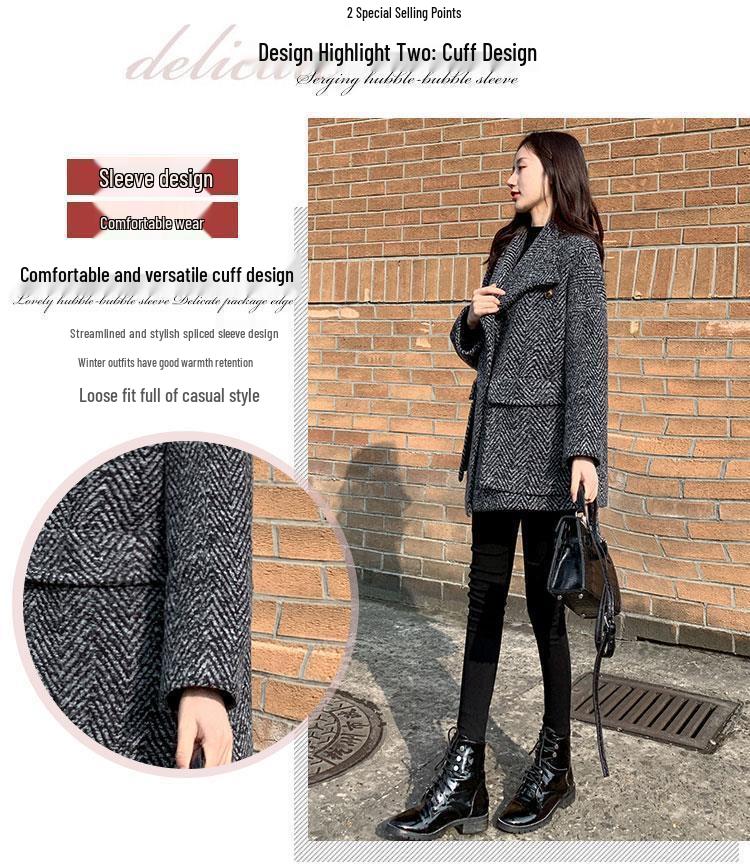 2025 Autumn/Winter Plaid Petite Woolen Coat - Mid-Length, Loose Fit for Women
