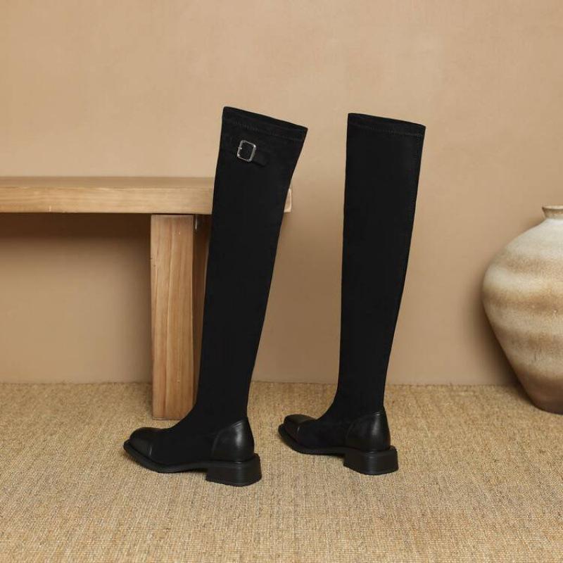 Autumn and winter middle heel square head suede over knee boots comfortable sleeve elastic women's boots Korean version rubber sole solid color leat