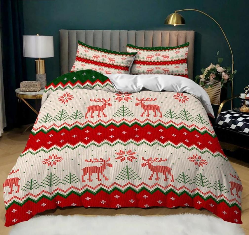 Christmas Duvet Cover Set Queen King Size Winter Snowflake Elk Car Pattern Soft Quilt Set Christmas Themed Quilt Set 3 Pcs