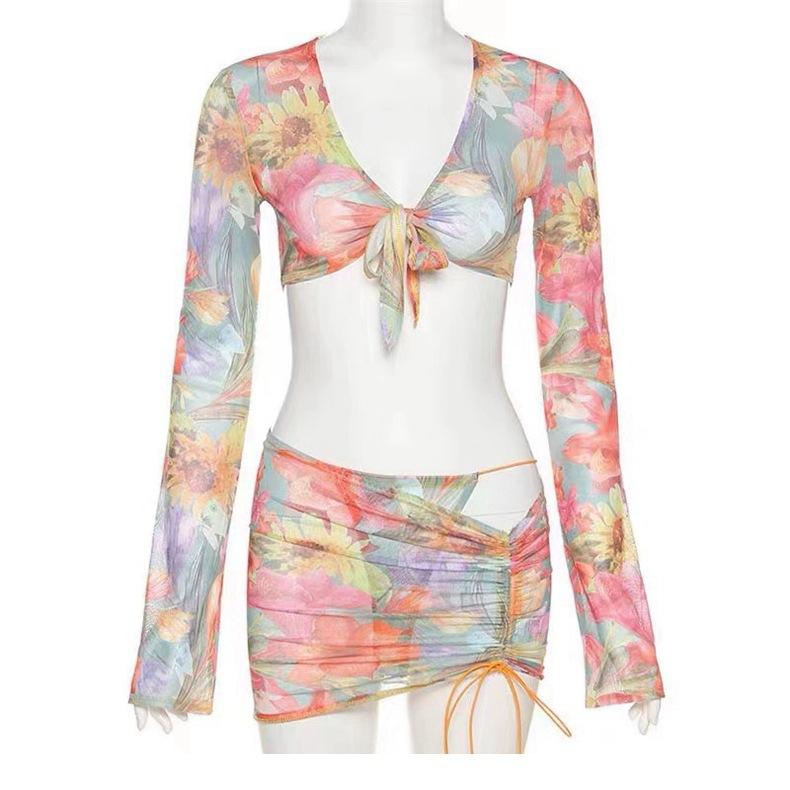 Bikini, sexy hottie V-neck chest strap-up floral mesh ultra-thin T-shirt + briefs hip skirt seaside vacation S
