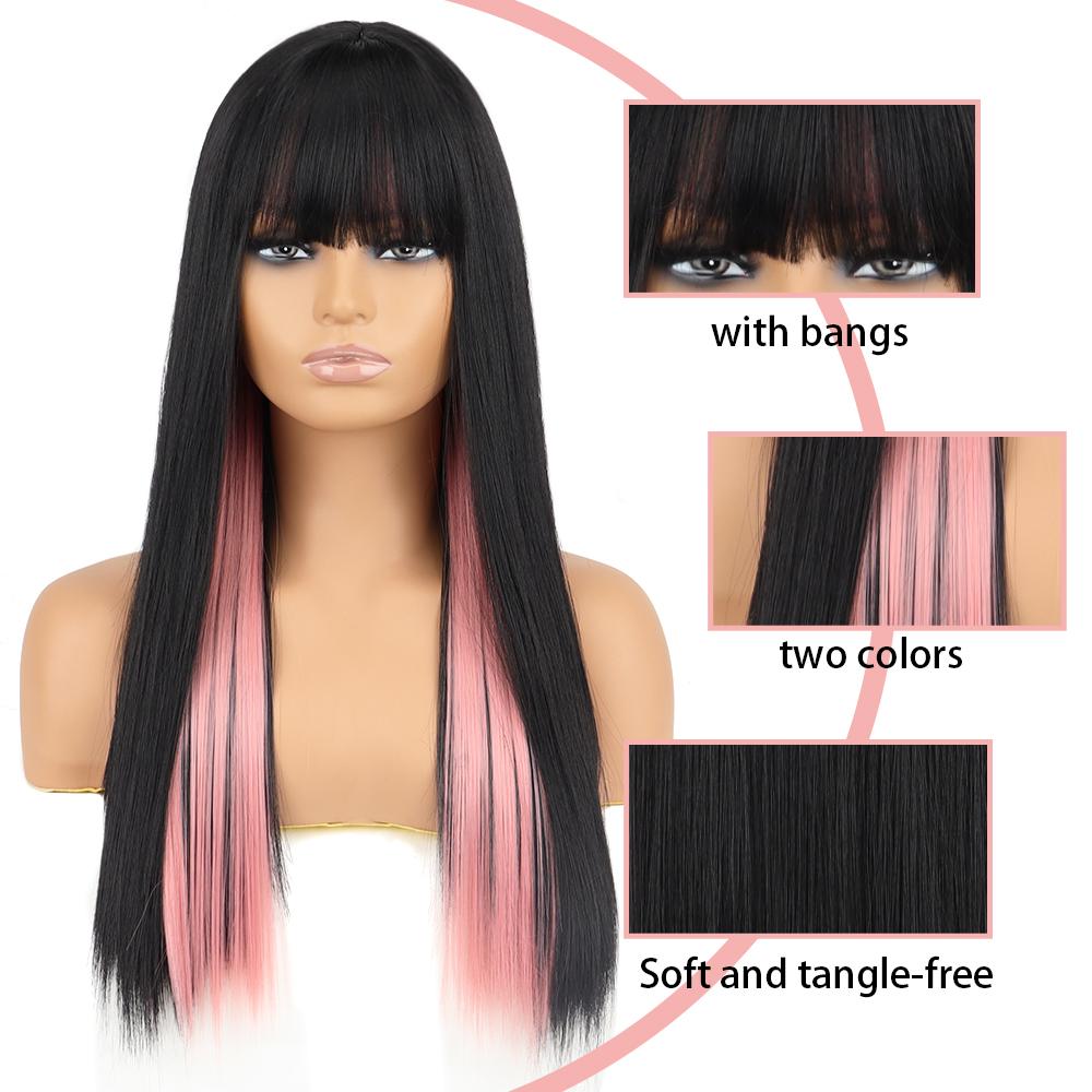 XINRAN Lange glatte Haare, schwarz-rosa Kunstfaser-Perücke mit Pony für Frauen, Lolita-Perücke, Cosplay, Alltagskleidung