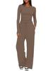 Solid Color Casual Long Sleeve Set Top High Waisted Wide Leg Pants Sportswear