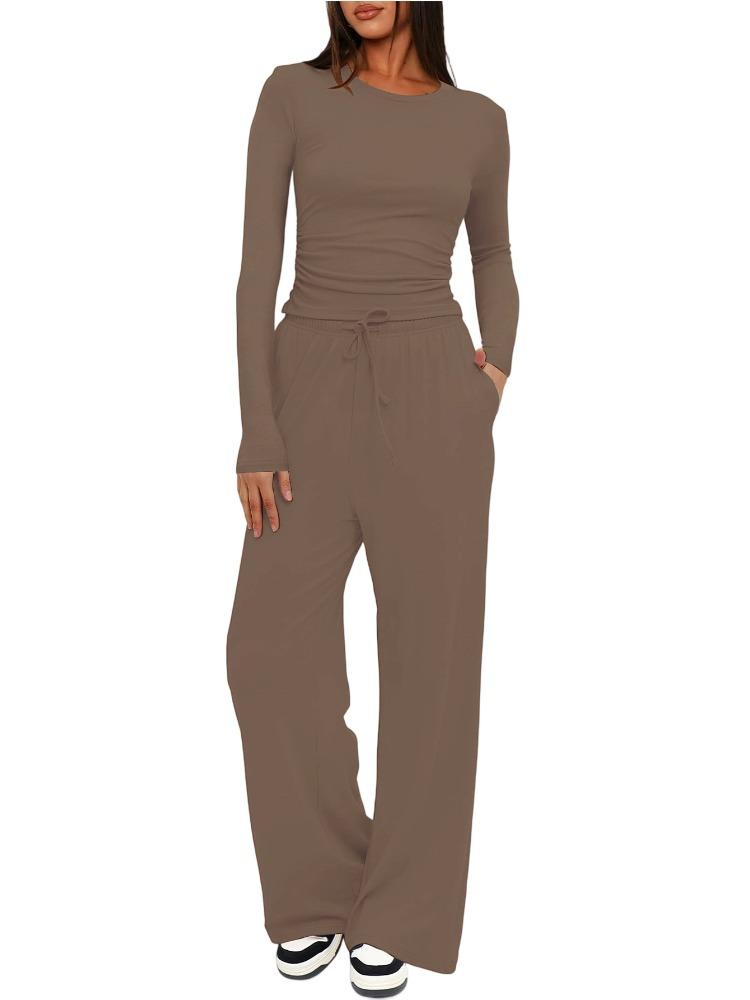 Solid Color Casual Long Sleeve Set Top High Waisted Wide Leg Pants Sportswear