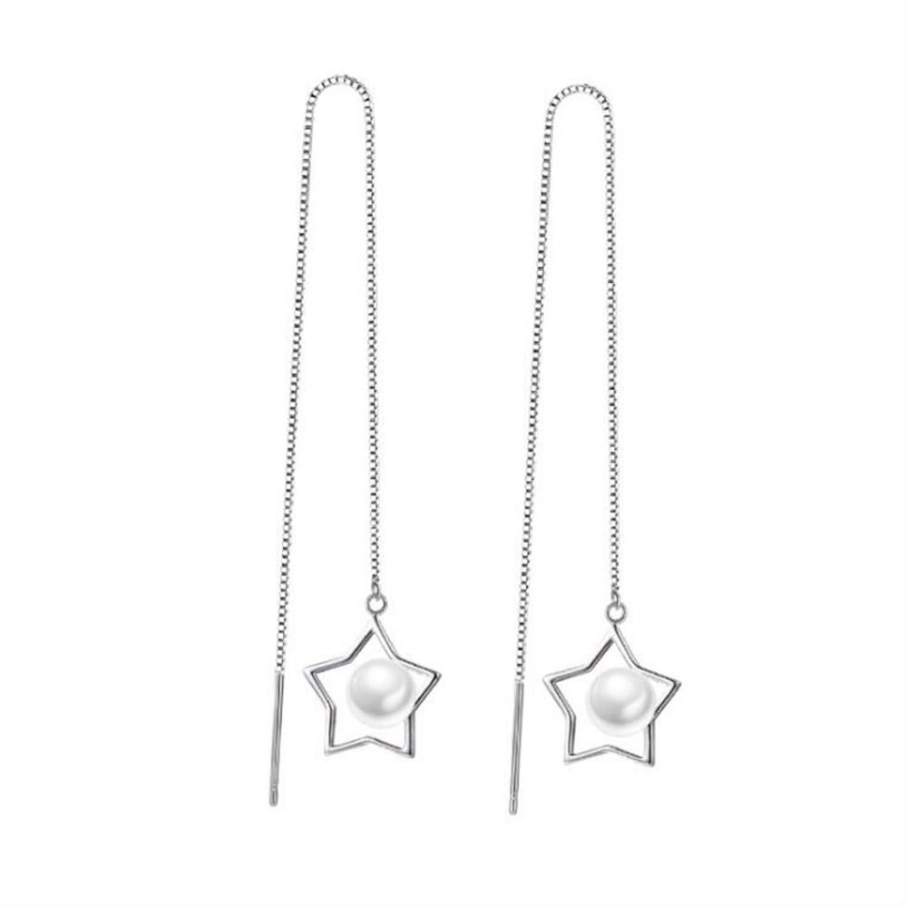 925 Silver Needle New Woman Jewelry Fashion Earrings High Quality Round Pearls Retro Pentagram Long Tassel