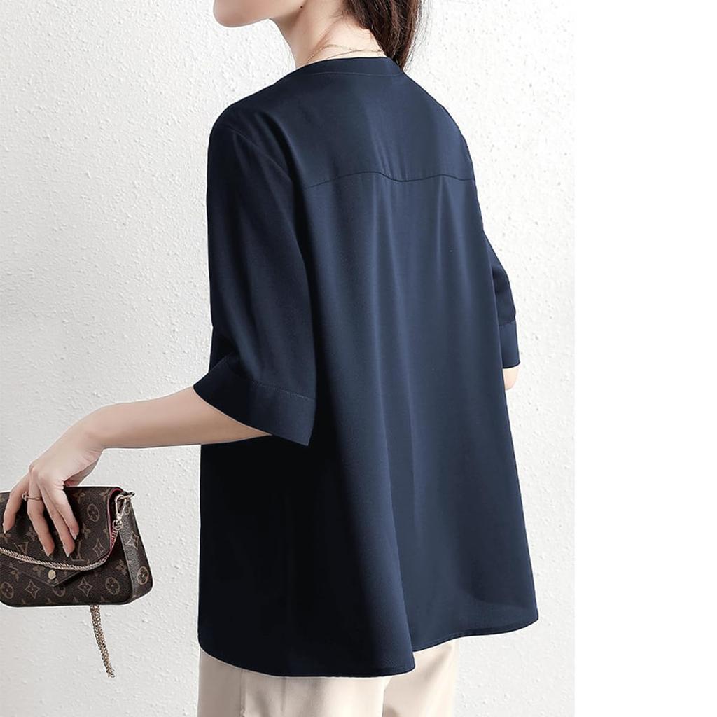 short for summer [Yino] Shirts, blouses, women's, sleeves, tops, V-neck, decorative, tucks, body-concealing, slimming, loose, plain, simple,