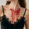 SHIXIN Gothic Red Crystal Bead Chain Tassel Necklace for Women Vintage Imitation Pearl Choker Halloween Jewelry Neck Accessories