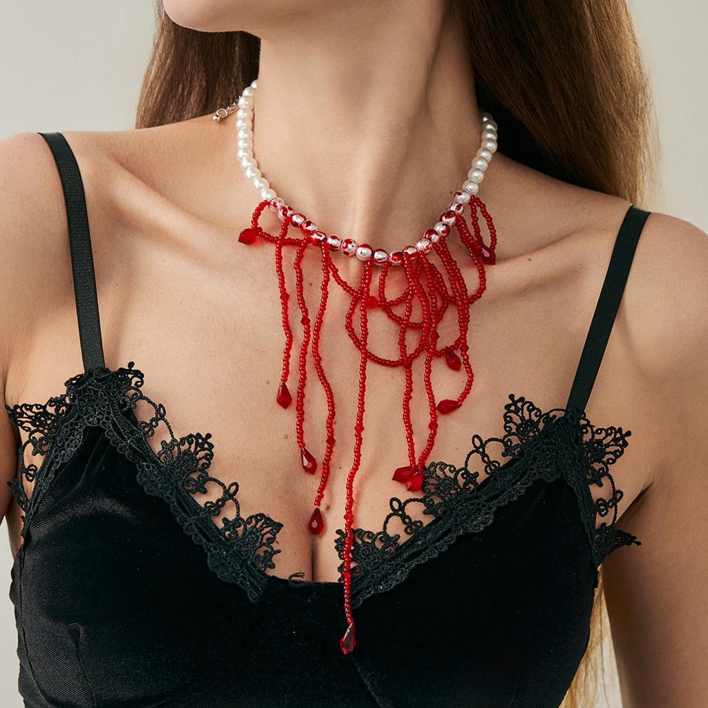 SHIXIN Gothic Red Crystal Bead Chain Tassel Necklace for Women Vintage Imitation Pearl Choker Halloween Jewelry Neck Accessories