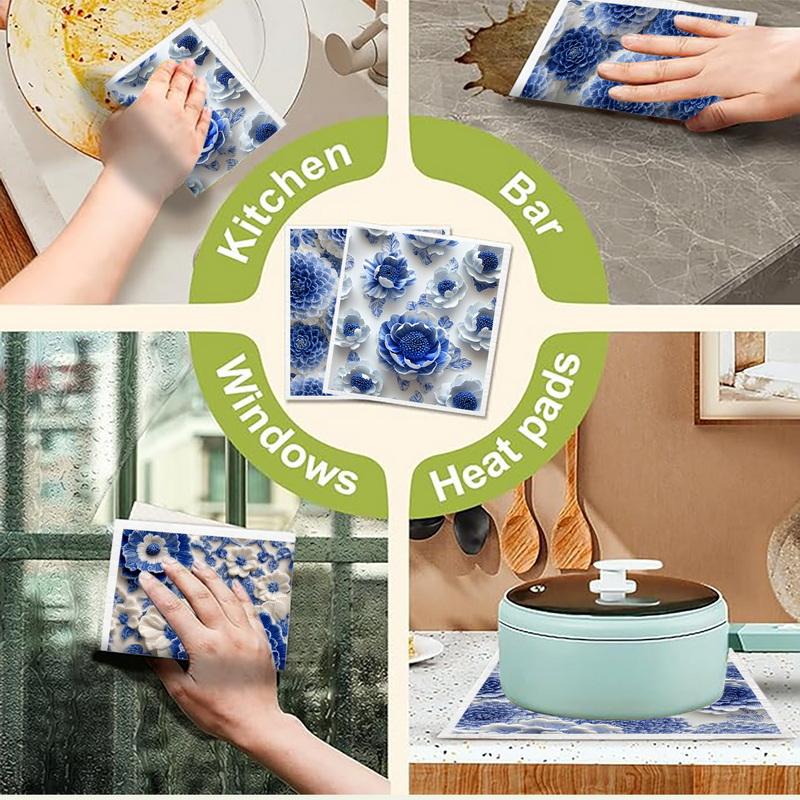 Cleaning Cloth Reusable Kitchen Dish Towels Eco-friendly Microfiber Blue and White Pattern Dishcloths Lint Free Washable Duster Rags Tea Towels