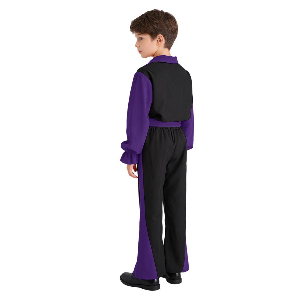 Chlapecký outfit na flamenco tanec Color Block Sklápěcí límeček Dlouhý naberaný rukáv Svetr Kalhoty s elastickým pasem Pásek