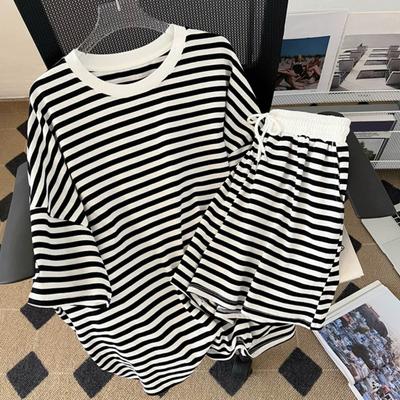 2 Teile/satz Frauen T-shirt Shorts Set Striped Print Lose Kurzen Ärmeln Lose Top Kordelzug