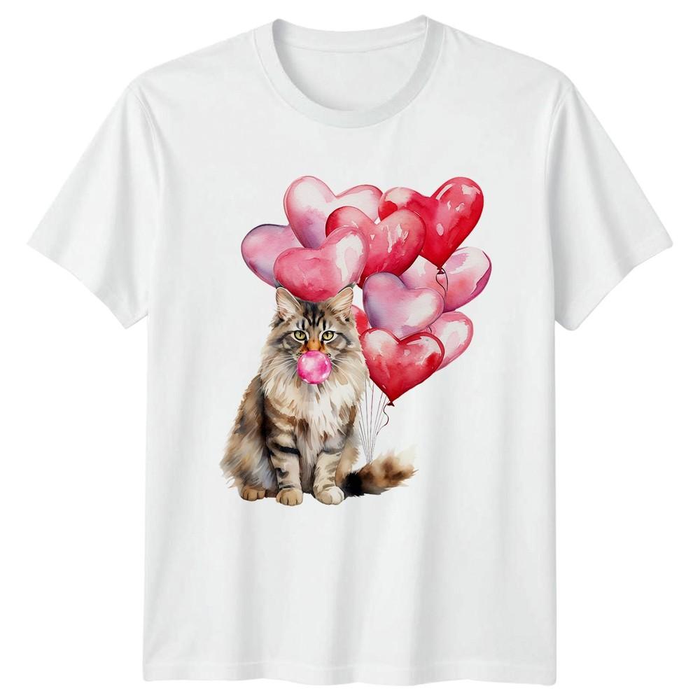 Cute Watercolor Cat Blowing Bubblegum Unisexs TShirt Cat Lover Valentines Day S