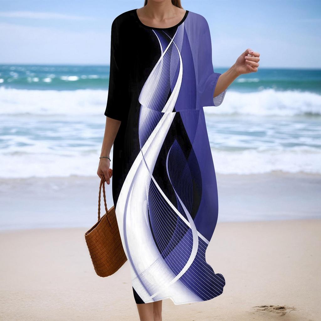 Damen Modisches Bedrucktes Rundhals Siebenviertelärmel Lockeres Kleid