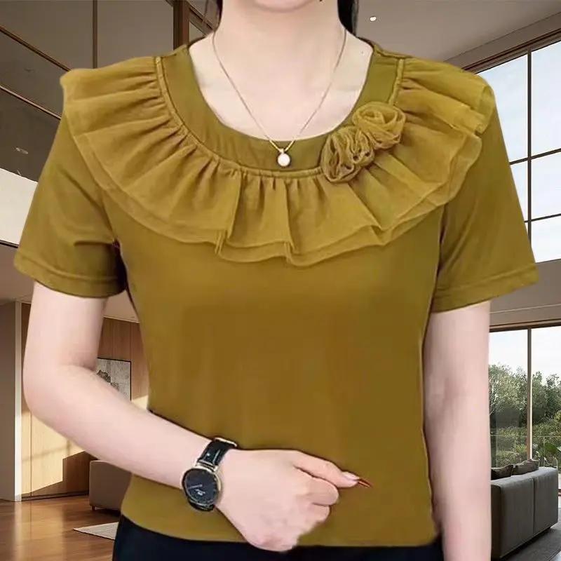 T-shirt Nera da Donna con Collo a Volant Manica Corta Vestibilità Aderente Top Casual Quotidiano