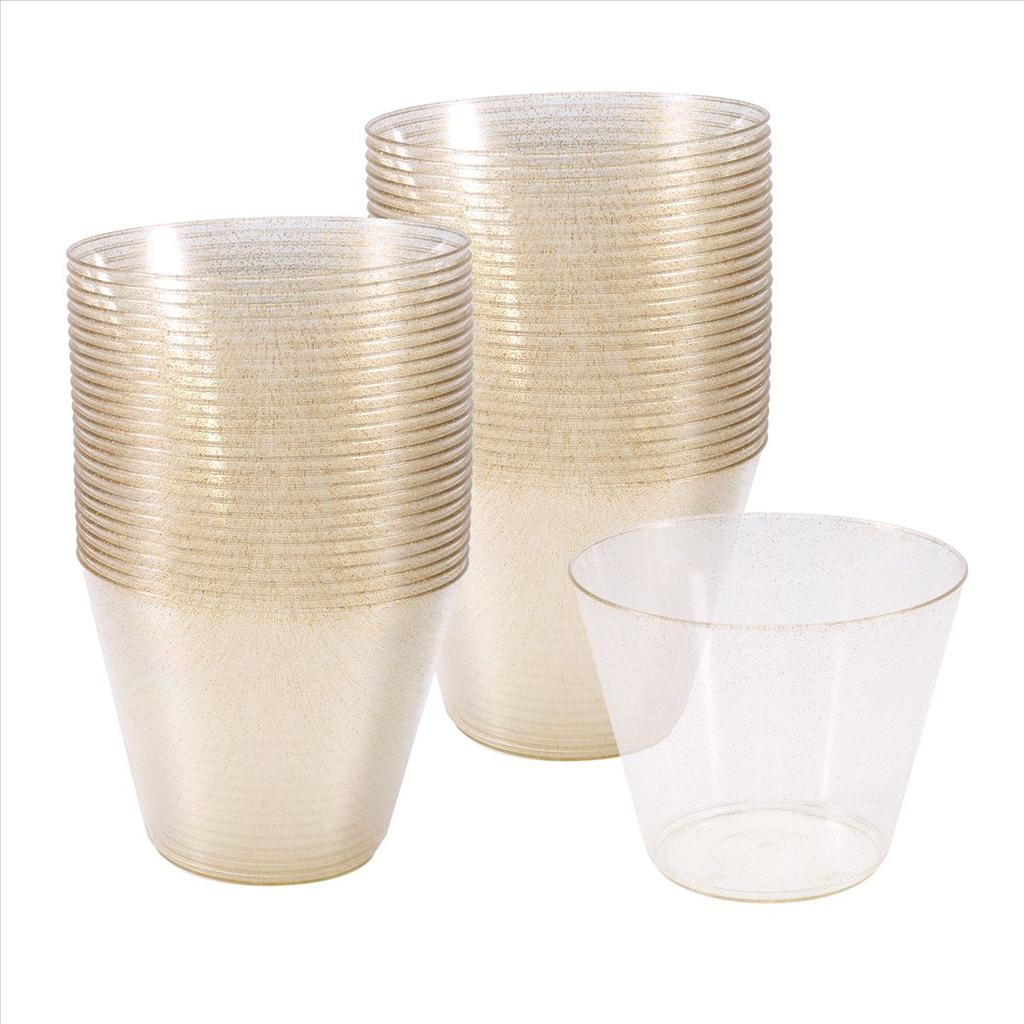 BHBL Gold Plastic Cups Clear Plastic Wine Glasses, Fancy Disposable Hard Plastic Cups with Gold Glitter for Party Cups 50Pcs