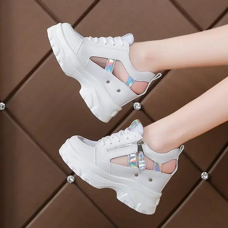 Fashion 2025 Summer Women Sandals 9cm Wedges Hollow Out Sneakers Ladies Breathable Mesh Platform Casual Shoes Woman White Shoes