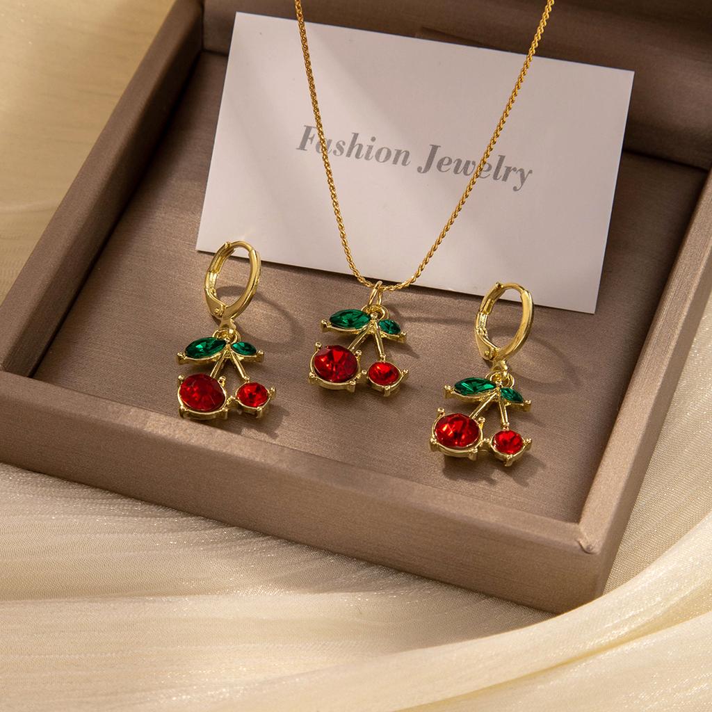 Red Zircon Fruit Cherry Pendant Earrings Necklace For Women New Trend Fashion Collarbone Chain Jewelry Set Gifts