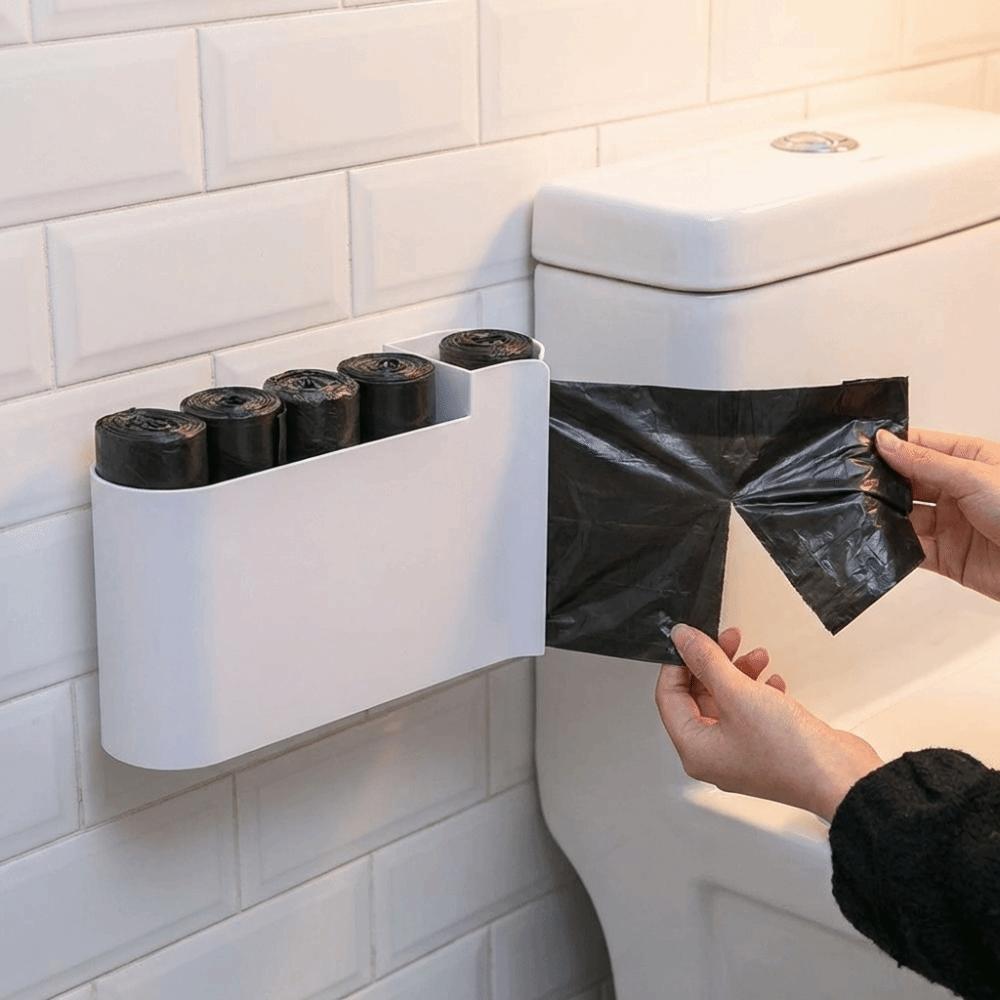 Plastic Trash Bag Organizer Dual-Compartment Wall Mounted Pull-out Type Trash Bag Dispenser Large Capacity Space Saving