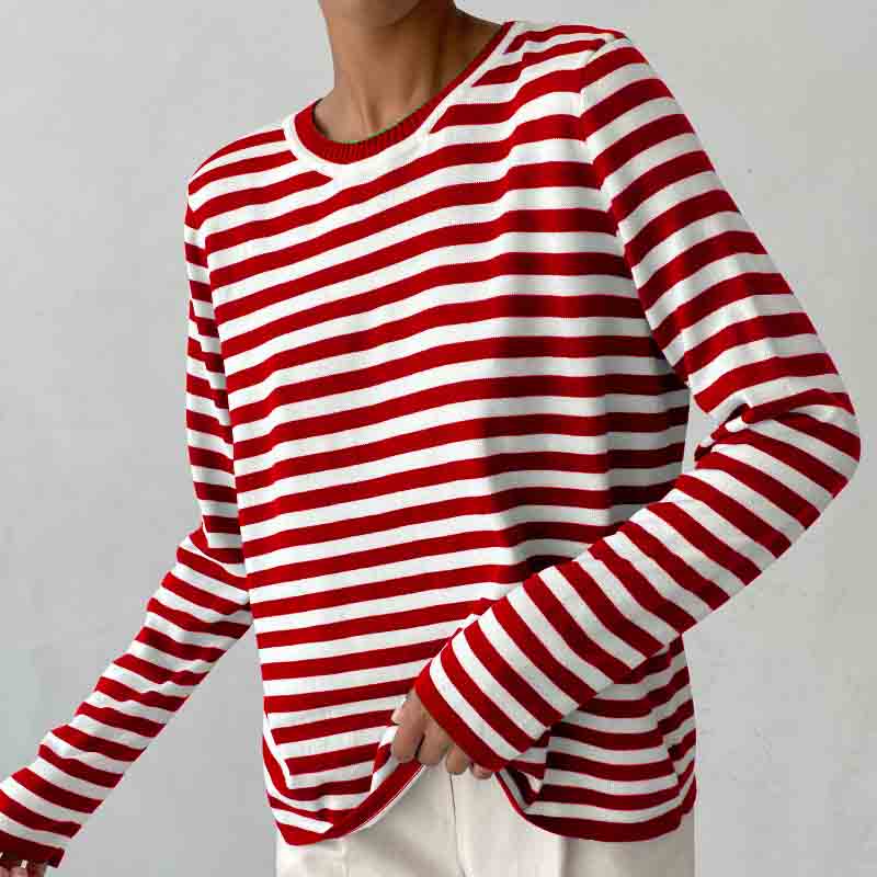 Women Striped Sweater Fashion Versatile Round Neck Long Sleeve Casual Knitted Pullover Tops