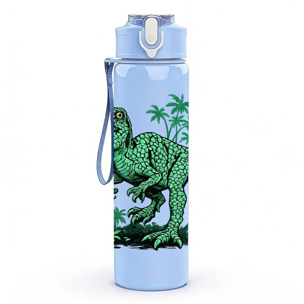 1PC Green T Rex Dinosaur Jungle Print 750ml Color Plastic Sports Water Bottle Leakproof Flip Straw Lid Suitable for Sports Office Home Use
