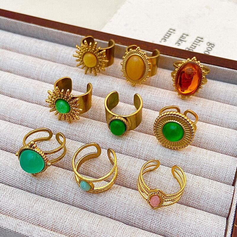 Stainless Steel Colorful Stone Opening Rings for Women Men Retro Classic Wide Gold Color Joint Rings Banquet Jewelry Accessories
