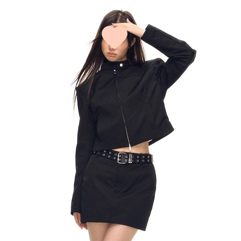 Amerikanische Retro Cool Hot Girl Schwarze Stehkragen Schlankmachende Frühlingsjacke für Damen