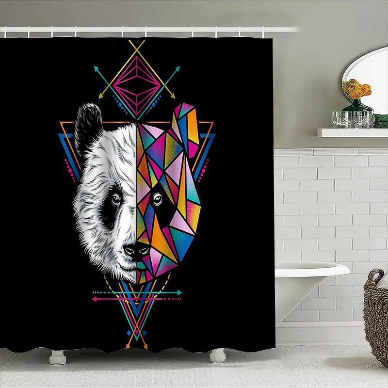 Geometrischer Panda Duschvorhang Moderne Abstrakte Kunst Badezimmer Dekoration Waschbarer Wasserdichter Stoff Einsatz Set