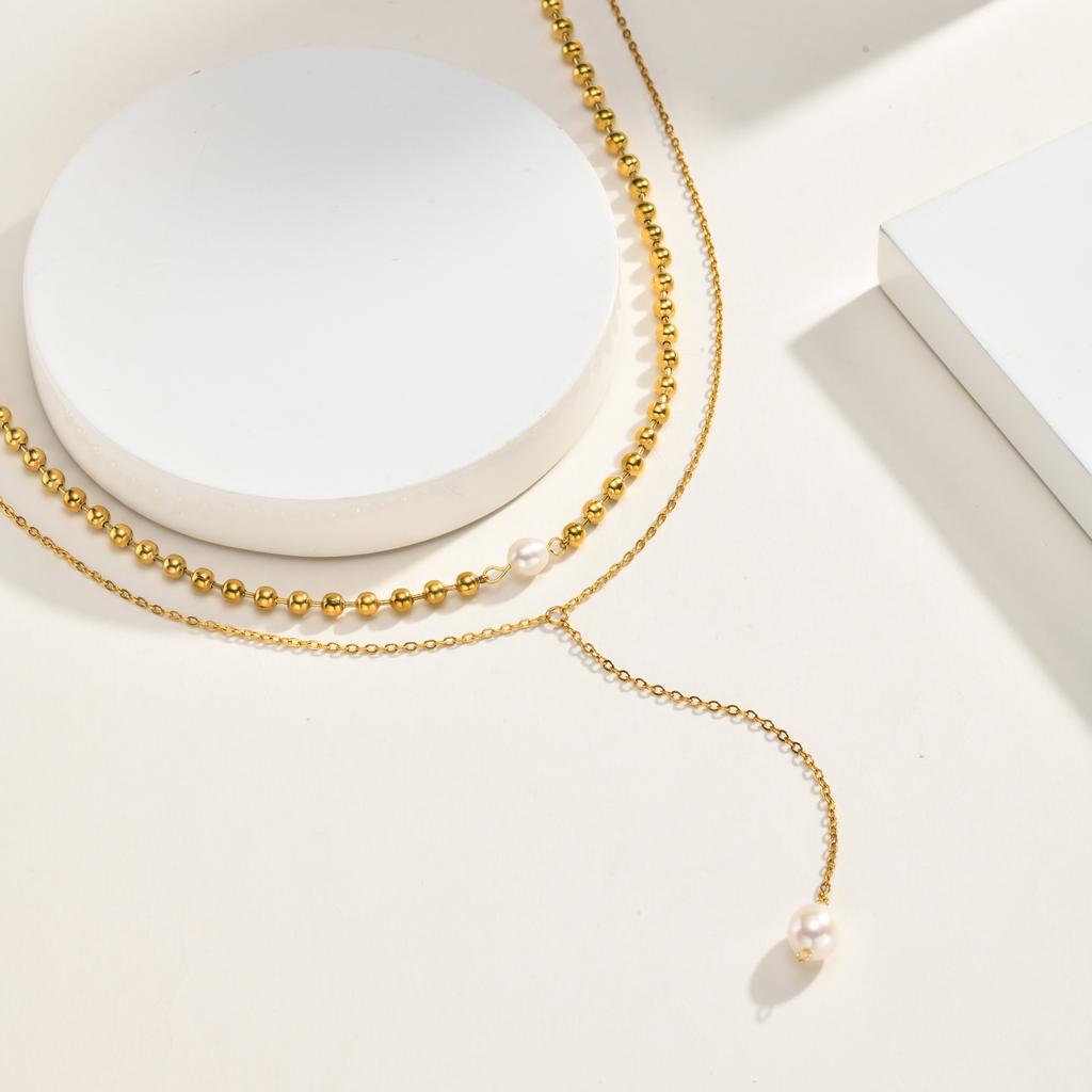 Pearl Y Necklace, 18K Gold Plated Stainless Steel, Waterproof Tarnish Free Lariat Choker Layering Jewelry Gift for Her