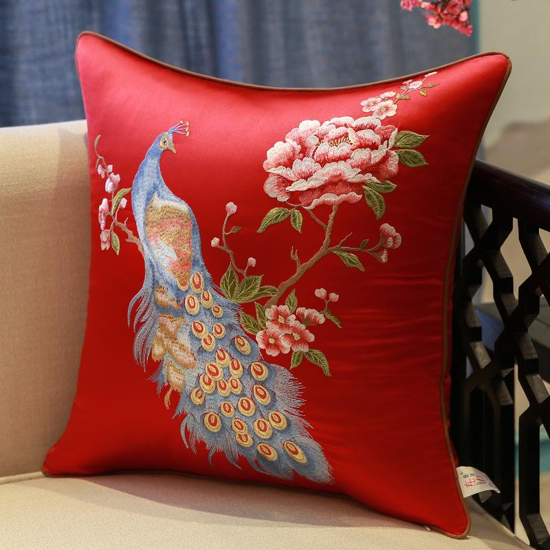 2025 Classical Bedside Backrest Waist Pillowcase Chinese Style Embroidery Pillowcase Flower Bird Living Room Sofa Cushion Cover