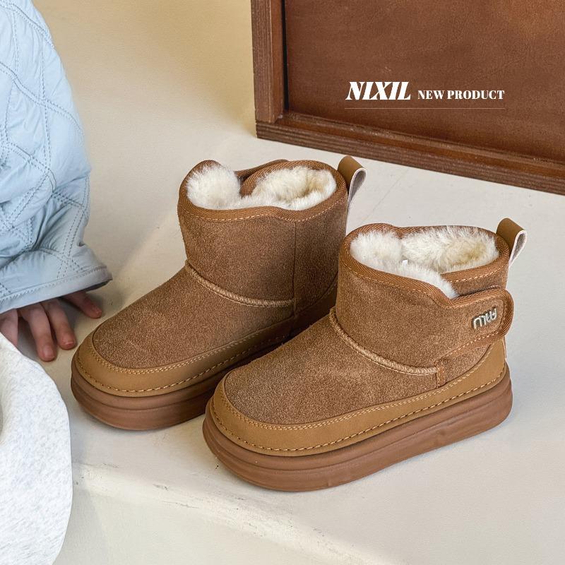 Winter new children's snow boots frosted cotton boots simple and versatile boys and girls leather warm boots