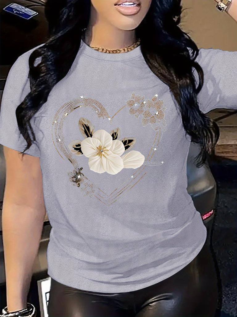 Women's Casual Short Sleeve T-Shirt Comfort Fit with Heart Floral Print Simple Design Showing Natural And Elegant Style