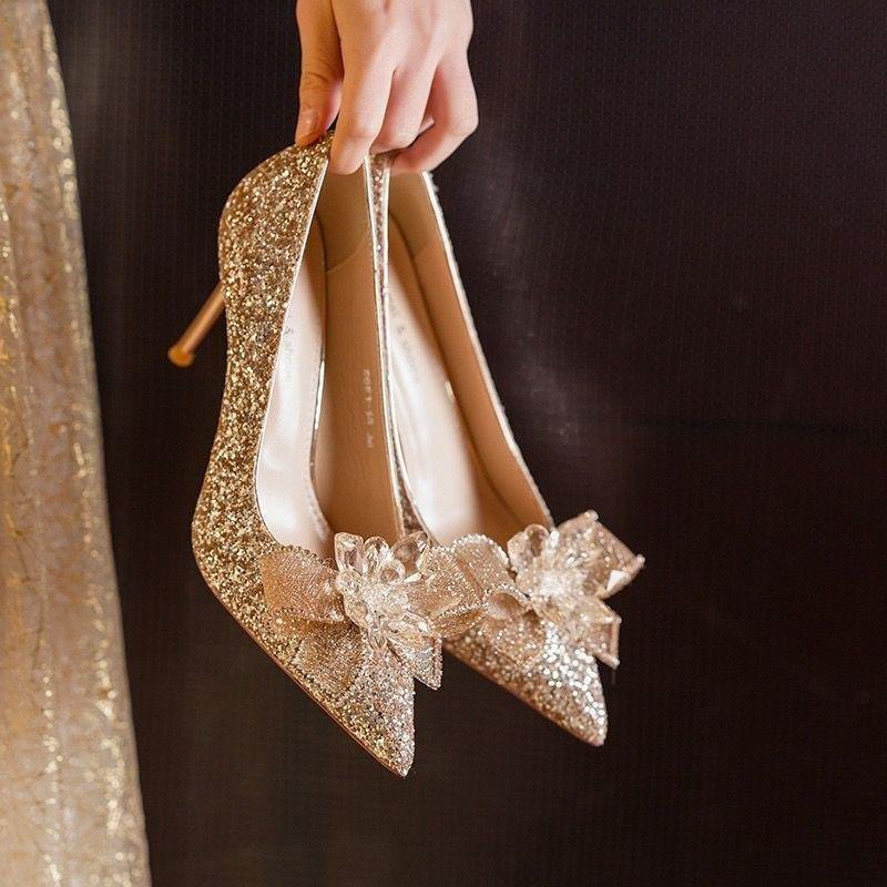 2025 French Style Wedding Crystal High Heels with Bow and Sequins