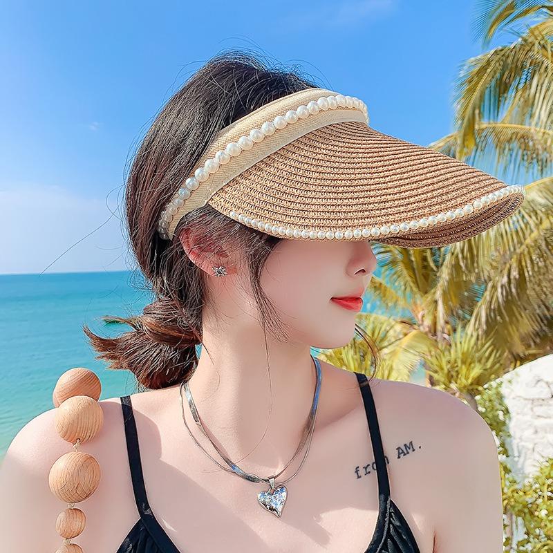 Empty top pearl straw hat, women's sun hat, summer versatile sun protection, face cover, trendy topless sun hat