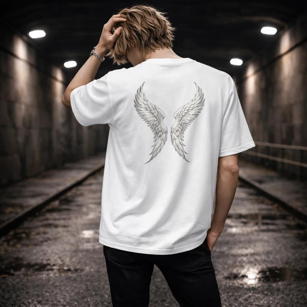 Angel Wings T Shirt Men White Minimal Streetwear Graphic Back Print Cotton Tee 4XL