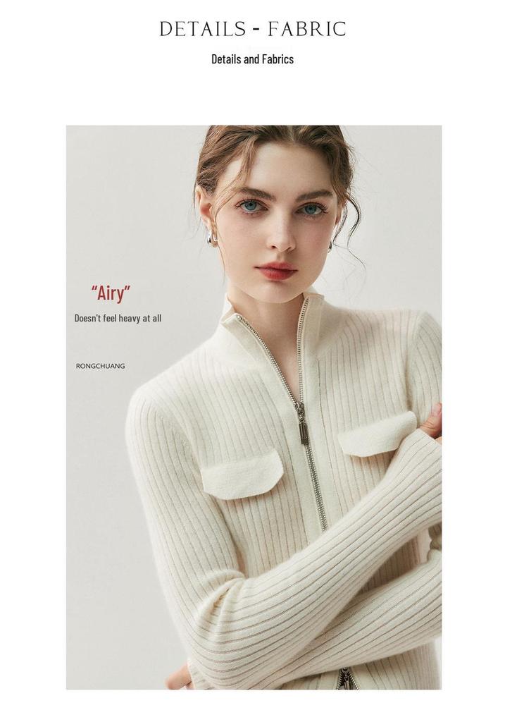 Korean Style Women's Cashmere Knit Cardigan - Slim Fit with Zipper Lapel and Long Sleeves for Versatile Wear