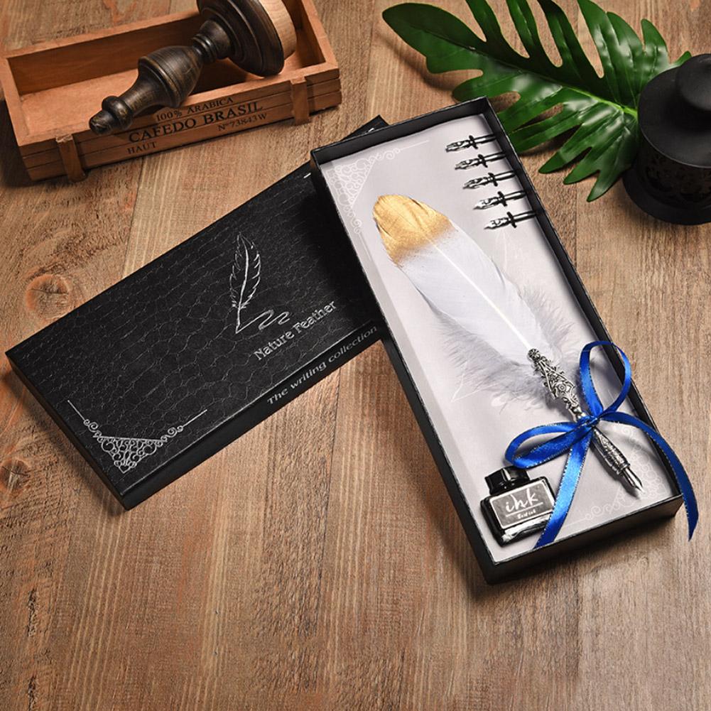 European Vintage Feather Fountain Pen Calligraphy Quill Dip Pen Set Home Decor Gift (White)