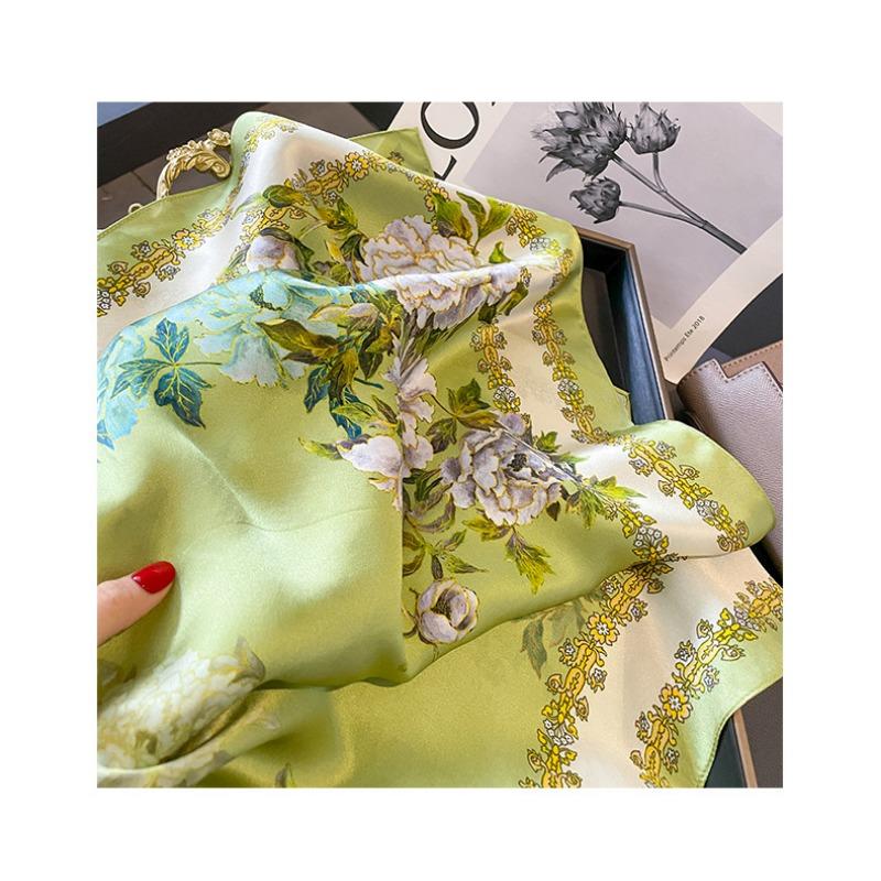 Women S Fresh Sweet Green Floral Silk Small Square Scarf For Spring Summer