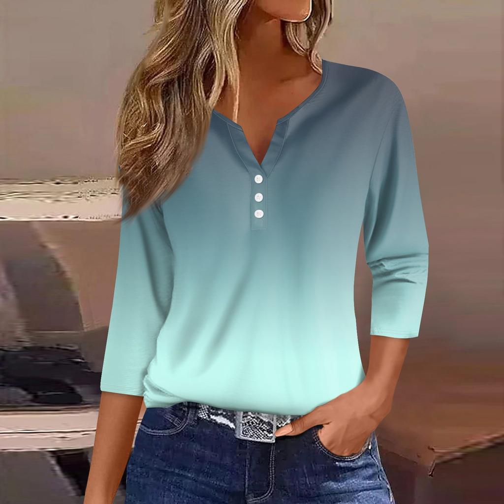 Women's T Shirt Tee Print Button  3/4 Sleeve Daily Weekend Fashion Basic V- Neck Regular Top