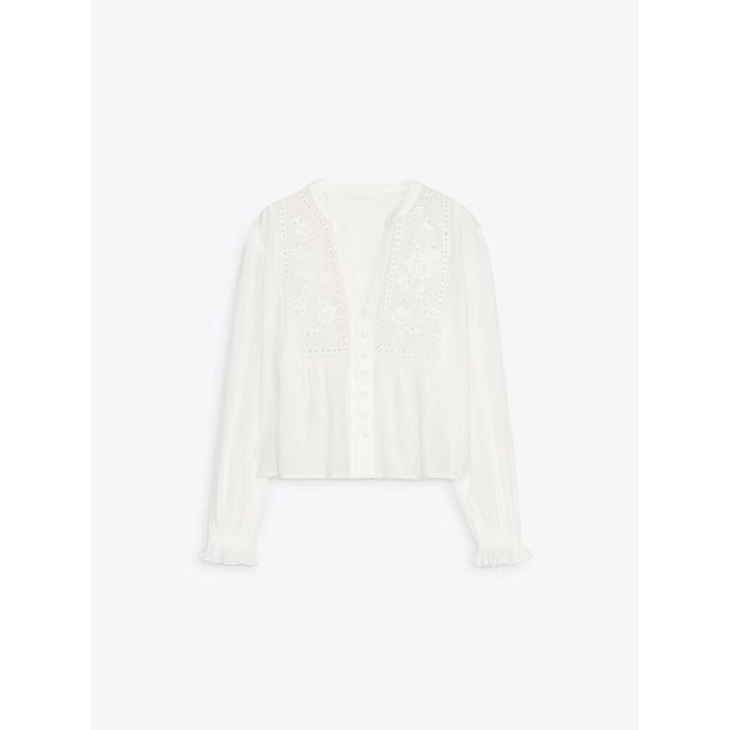 

Casual Versatile Long Sleeves Single Breasted Cut Out Embroider Short Shirt 8741022 White L