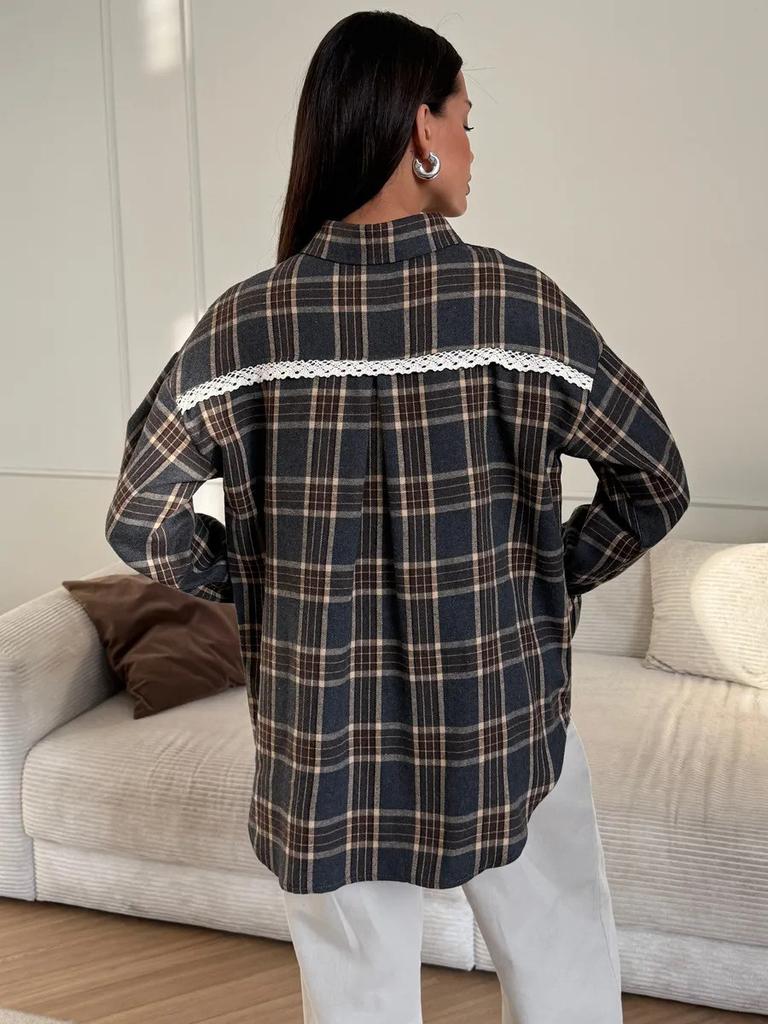 Casual Cotton Polyester Plaid Shacket With Long Sleeves For Spring Wear