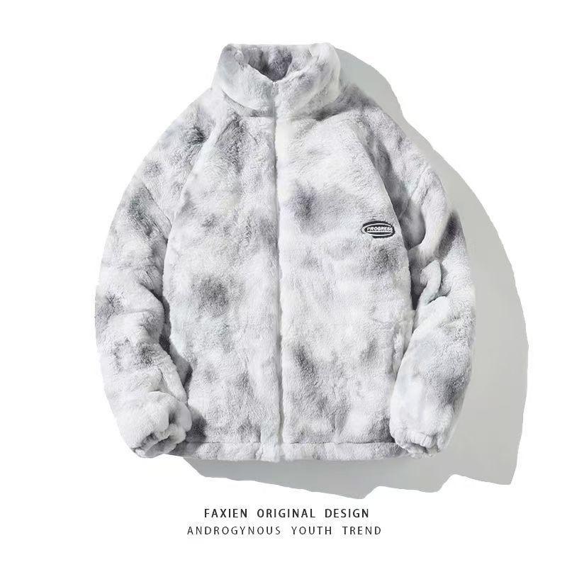 Winter New Trendy Brand Tie-dye Stand-up Collar Lamb Wool Jacket for Men and Women Street Casual Padded Couple Cotton-padded Clothes