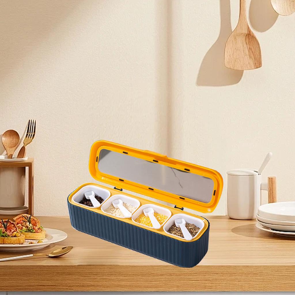 Gewürzaufbewahrungsbox Versiegelt 4 Fächer Gewürzbehälter Set Haushaltsaufbewahrungsbehälter Gewürzgläser mit Löffel