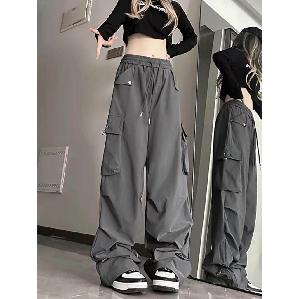American Style Large Pocket Cargo Pants Women's Spring Summer New Style Wide Leg Pants Loose Slimming Casual Sports Pants