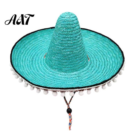 Jasna Kapelusz Meksykańskie Sombrero z Kolorowymi Pomponami, Hawajski Styl Pleciony Słomkowy Kapelusz Przeciwsłoneczny, Szerokie Rondo Lekki Kostium Imprezowy na Lato Plażę