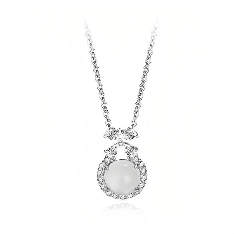 S925 Pure Silver Princess Necklace, Ladies' Ice Transparent Jade Pendant Necklace, Bow, Light Luxury High Feeling Collarbone Chain, Jewelry Gift