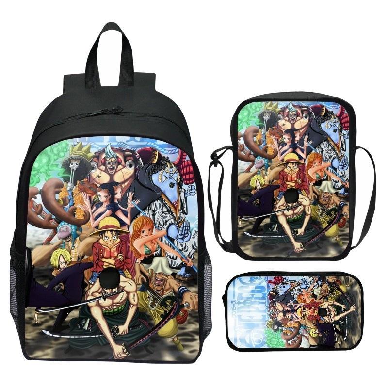 Set Zaino 3 Pezzi Stampato One Piece Cartone Animato Pirata Blu Marinaio Zaino Scuola Elementare Grande Capacità Resistente all'Acqua Zaino per Bambini