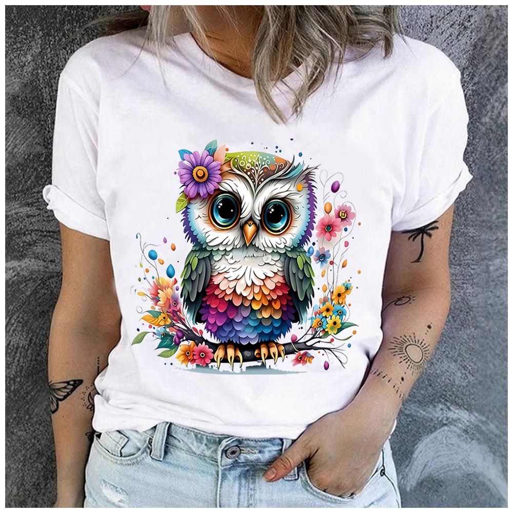 Damen Polyester 100% Bunter Eulenprint T-Shirt Lockerer Rundhalsausschnitt Lässig Kurzarm Mode Top Großhandel Kleidung Sommer