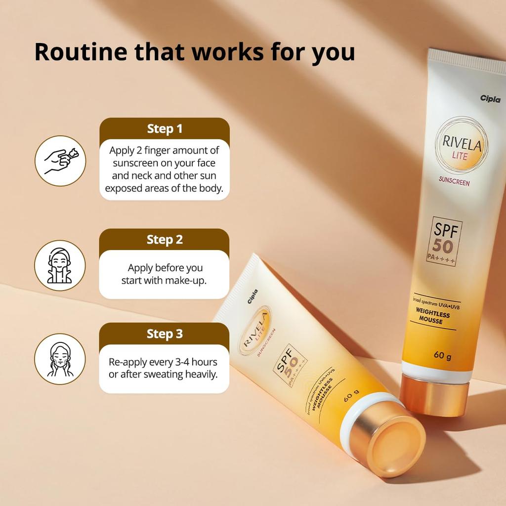 Cipla Rivela Lite Sunscreen SPF 50 Cream 60g Pack of 1 Broad Spectrum UVA UVB Protection